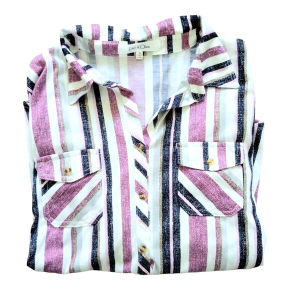 Womens M eden & Olivia purple striped 3/4 sleeve button tab button down top - Picture 7 of 9